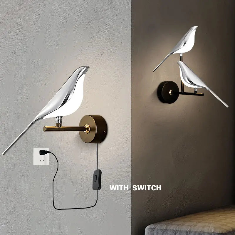 Lampade da Parete LED Girevoli a Forma di Uccello Magpie con Spina EU/US per Comodino, Camera da Letto, Lampade da Parete Nordiche, Applique per Cucina e Sala da Pranzo