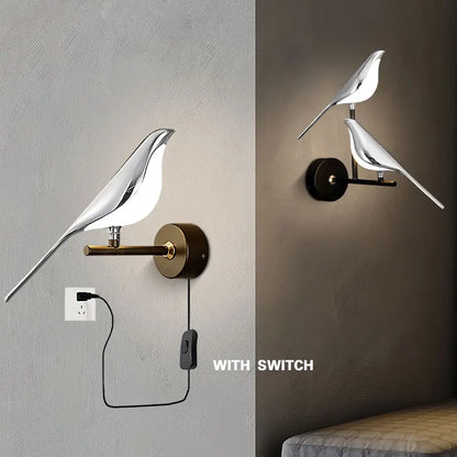 Lampade da Parete LED Girevoli a Forma di Uccello Magpie con Spina EU/US per Comodino, Camera da Letto, Lampade da Parete Nordiche, Applique per Cucina e Sala da Pranzo