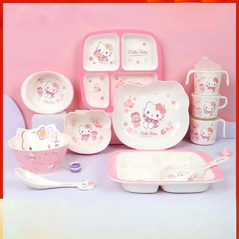 Set di stoviglie in melamina Hello Kitty per bambini - Ciotole, piatti, cucchiai e tazze anti-scottatura con simpatico design a cartoni animati