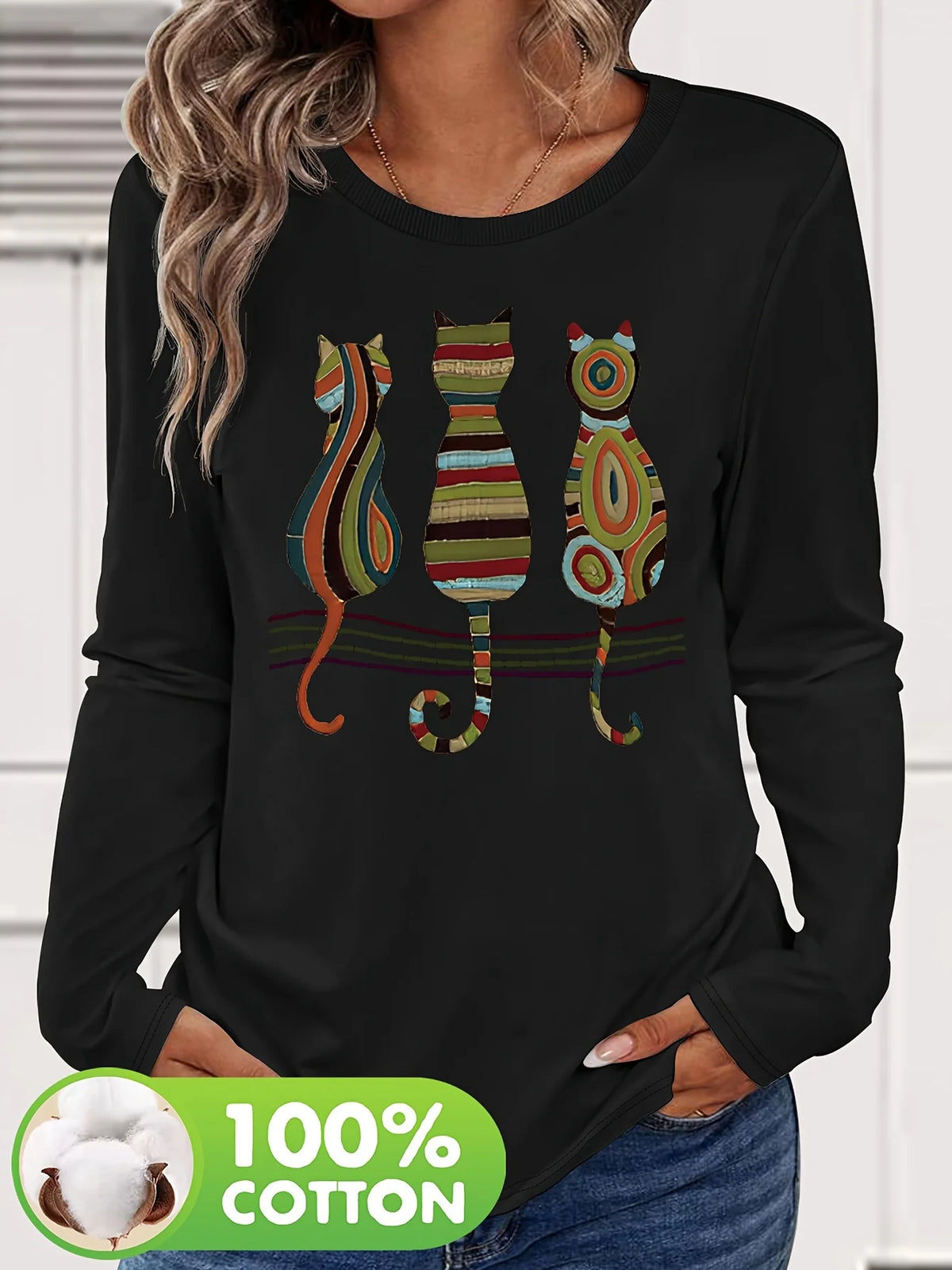 T-shirt da donna in 100% puro cotone, a maniche lunghe, con scollo rotondo, stile casual, con stampa grafica floreale, vestibilità ampia, ideale per la primavera e l'autunno.