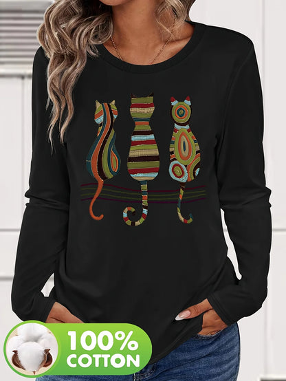 T-shirt da donna in 100% puro cotone, a maniche lunghe, con scollo rotondo, stile casual, con stampa grafica floreale, vestibilità ampia, ideale per la primavera e l'autunno.