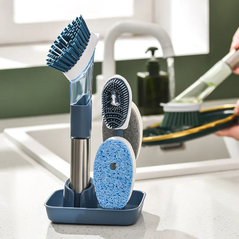 Strumenti per la pulizia della cucina Manico lungo Spazzola per piatti Dispenser di sapone liquido Detergente Spazzola per piatti Spugna per piatti Salviette per lavare i piatti