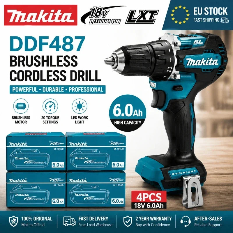 Trapano Avvitatore a Batteria Makita 18V DDF487 Brushless ad Alta Coppia + Batteria al Litio BL1860B BL1840 6.0Ah Kit Utensili Elettrici Spedizione Veloce da Magazzino EU