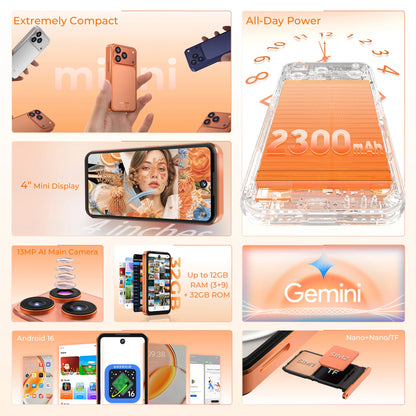OUKITEL C17 mini, smartphone compatto, fino a 12 GB di RAM (3+9) + 32 GB di ROM, telefono tascabile ultra compatto, display mini da 4 pollici, batteria da 2300 mAh, tecnologia Gemini AI, smartphone Android sbloccato.