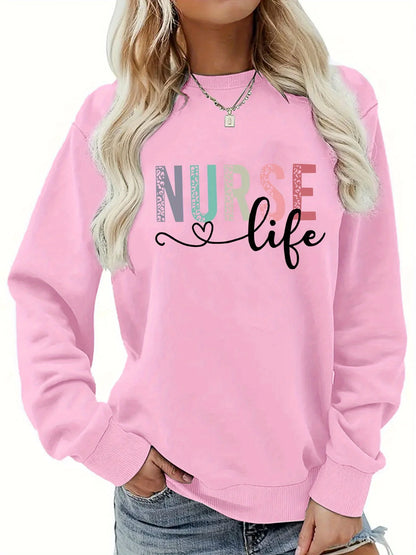 Felpa pullover da donna con stampa INFEZIONE casual, design geometrico, manica lunga, girocollo, lavabile in lavatrice, vestibilità regolare per l'autunno