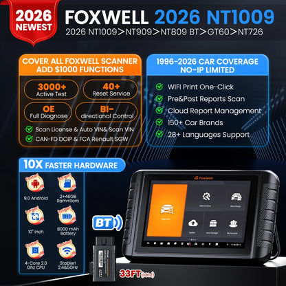 FOXWELL NT1009 Scanner Professionale OBD2, Strumento di Scansione Bidirezionale, Scanner Diagnostico per Tutti i Sistemi, Codifica ECU, CAN FD, FCA AutoAuth, Test Attivi, Mappatura Topologica, 35+ Servizi di Reset, Strumento