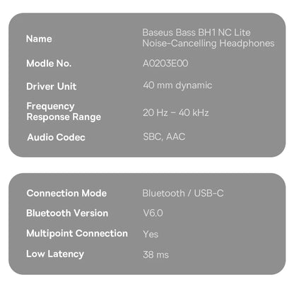 Cuffie Wireless ANC Baseus 80H, Auricolari Over-Ear con 95% di Cancellazione del Rumore, Cuffie Bluetooth 6.0 BH1 NC LITE