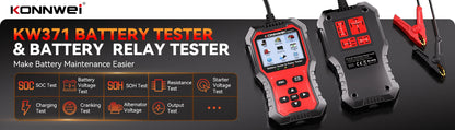 Tester Batteria Auto 2in1 KONNWEI KW371 2026 e Tester Relè a 4 Pin 5 Pin 6V 12V 24V con Stampa Dati Guasto, Test Avvio e Strumento di Scansione Ricarica