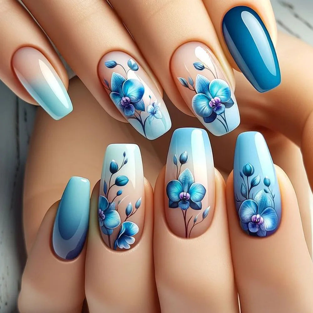 24 pezzi Stampa sulle unghie Design floreale Balletto di media lunghezza Unghie finte Moda Marrone Copertura completa Suggerimenti per manicure Set di unghie finte danneggiabili