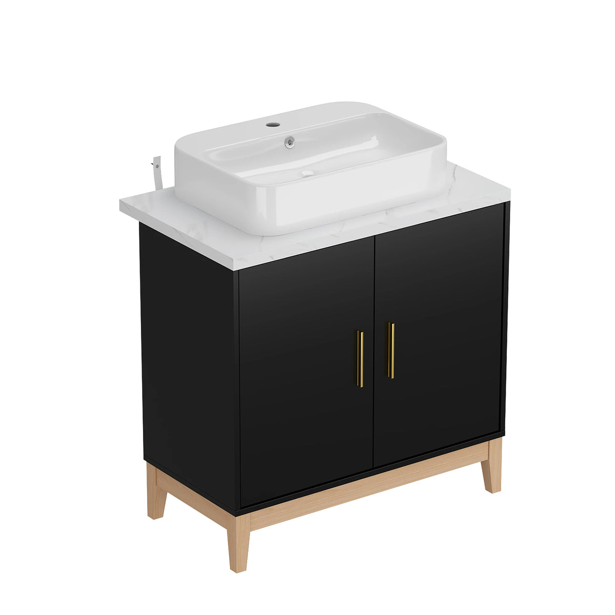 Mobile da bagno moderno con lavabo e 2 ante portaoggetti, mobile lavabo con porta troppopieno e maniglie in metallo, nero