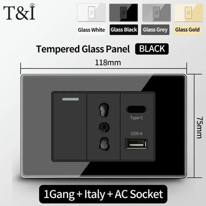Prese per interruttori a muro T&I con tipo USB  C Ricarica rapida, presa Italia, presa Schuko Cile, pannello in vetro temperato per la casa