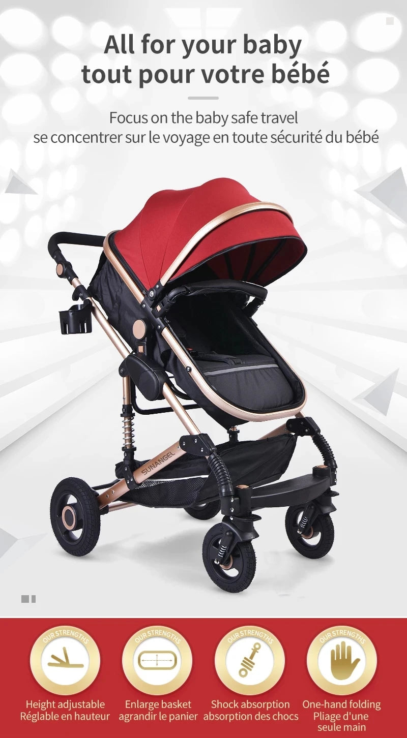 Passeggino 3 in 1 Facile da piegare Telaio in alluminio ad alto paesaggio Passeggino neonato con ruota in gomma per assorbimento degli urti a quattro ruote