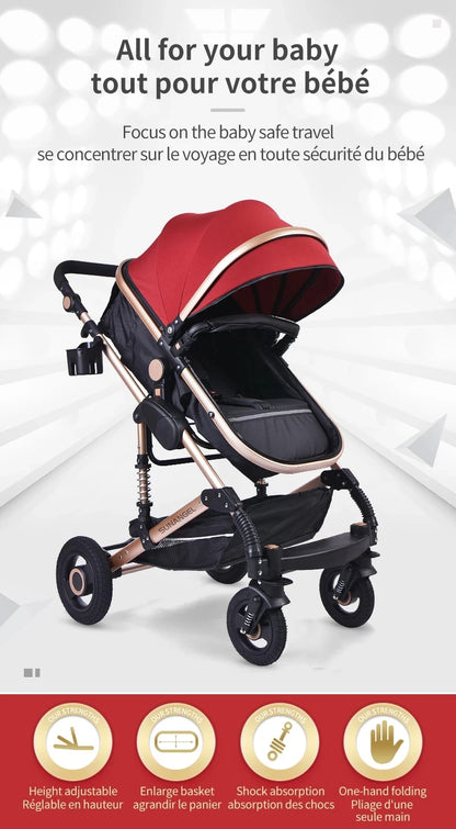 Passeggino 3 in 1 Facile da piegare Telaio in alluminio ad alto paesaggio Passeggino neonato con ruota in gomma per assorbimento degli urti a quattro ruote