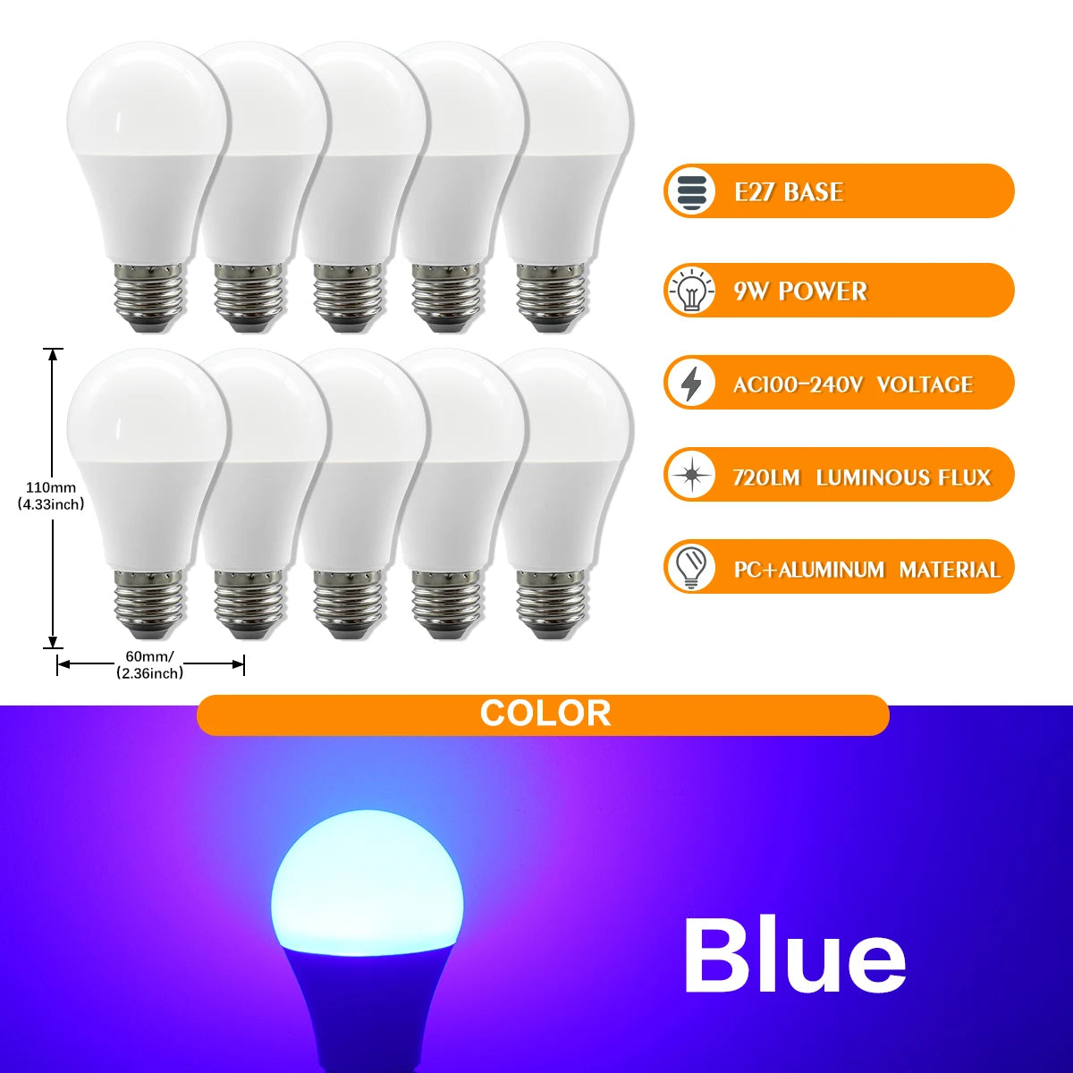 10 Lampadine LED E27 2200K 3000K 4000K 6000K AC100-240V Rosso Verde Illuminazione Colorata di Alta Qualità in Vetro PC per Arredamento Casa