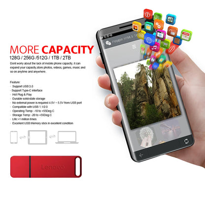 Chiavetta USB Lenovo Mini ad alta velocità, in metallo, resistente e portatile, con capacità di archiviazione di 2 TB/1 TB/512 GB/256 GB/128 GB, ideale per PC, laptop e sistemi audio per auto.