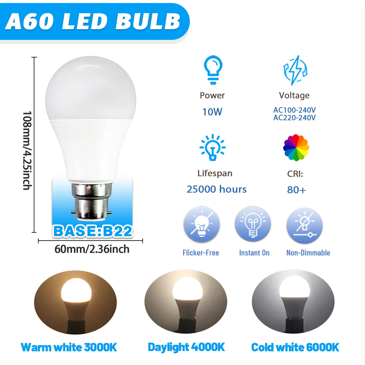 1-12 Pezzi Lampadine LED B22 Senza Sfarfallio AC220V 110V, Base B22, Illuminazione Calda per Arredamento Casa