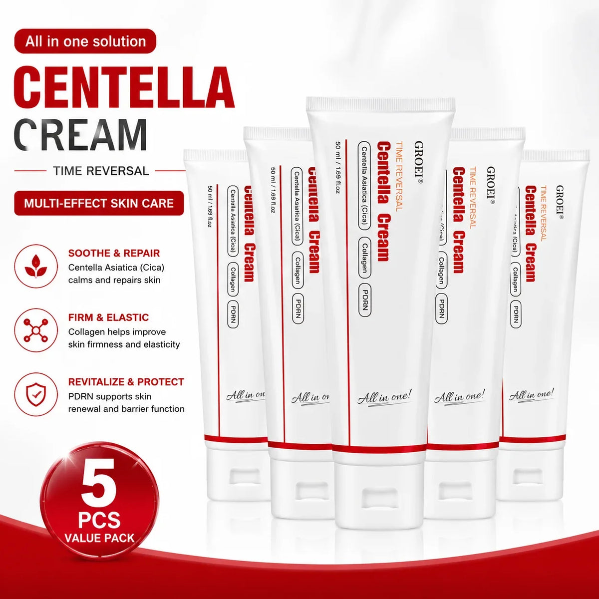 Crema Viso al Collagene e Centella, Idratante con Acido Ialuronico, Leggera, per una Pelle Liscia, Morbida ed Elastica, Nutriente e Illuminante