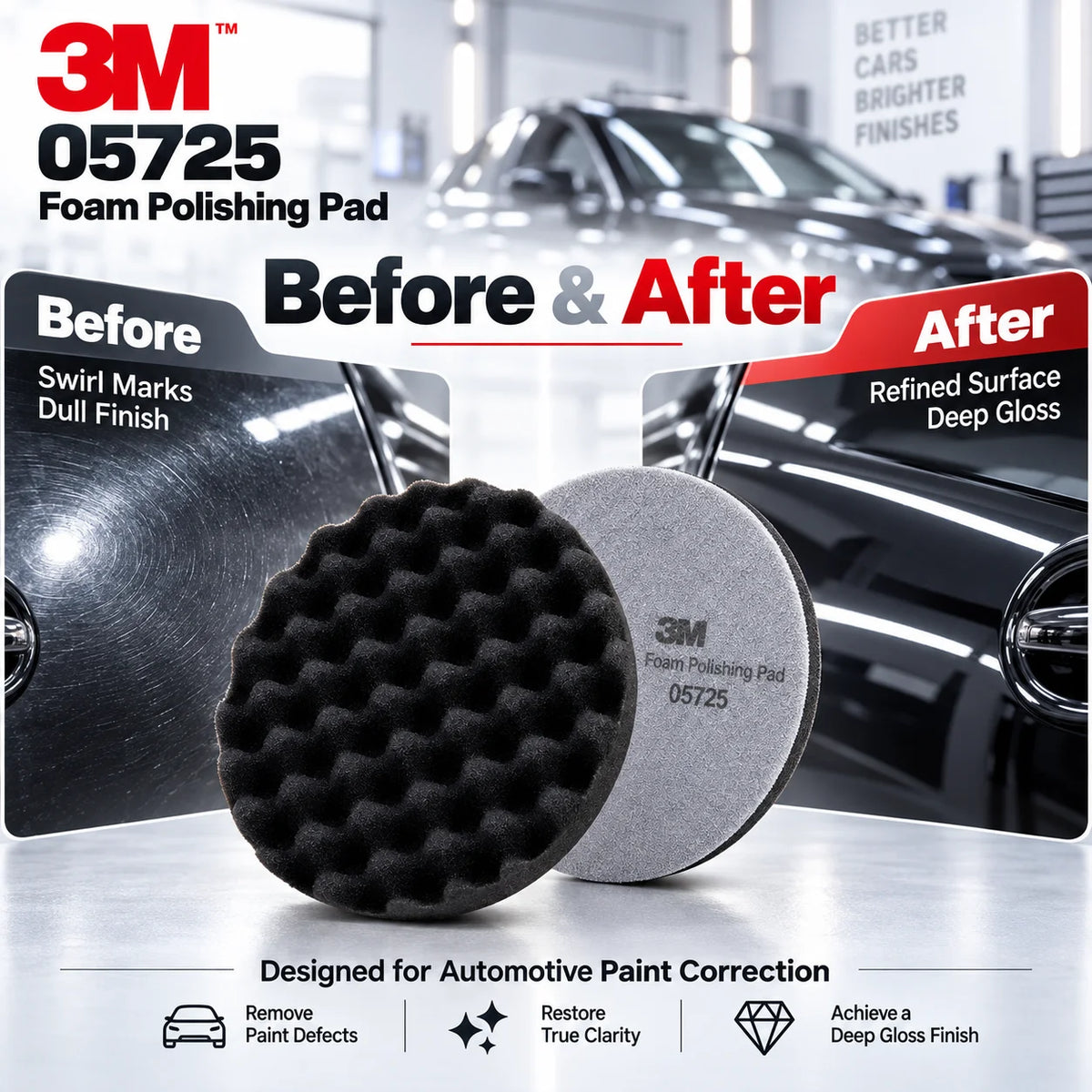 3M 05725 Tampone Lucidante in Schiuma Fine a Nido d'Ape per Rimozione di Graffi, Lucidatura ad Alta Lucentezza per Dettagli di Vernice Automobilistica 8 pollici 2 pezzi