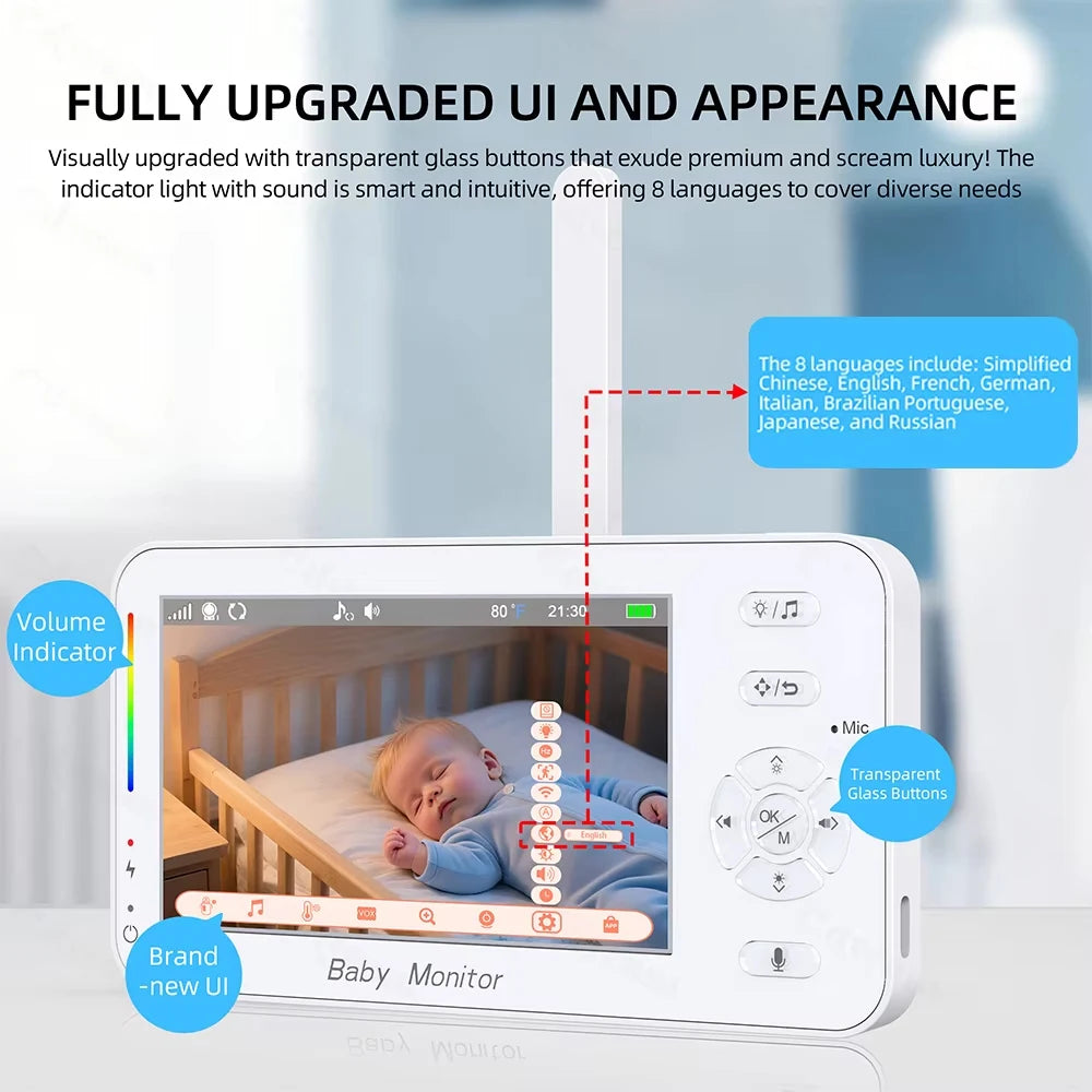 Monitor per bambini HD da 4,3 pollici con telecamera PTZ, funzione di panoramica, inclinazione e zoom, monitor video per bambini con sensore di temperatura, audio bidirezionale, visione notturna, modalità VOX, melodie per la