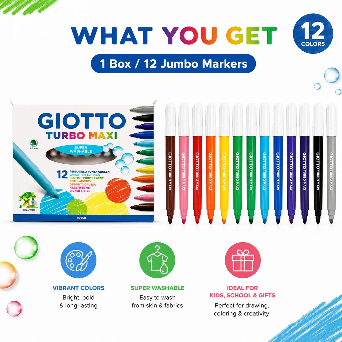 Pennarelli Lavabili GIOTTO Turbo Maxi 12 Colori Punta Larga 5mm per Disegno e Colorazione Bambini Scuola Arte