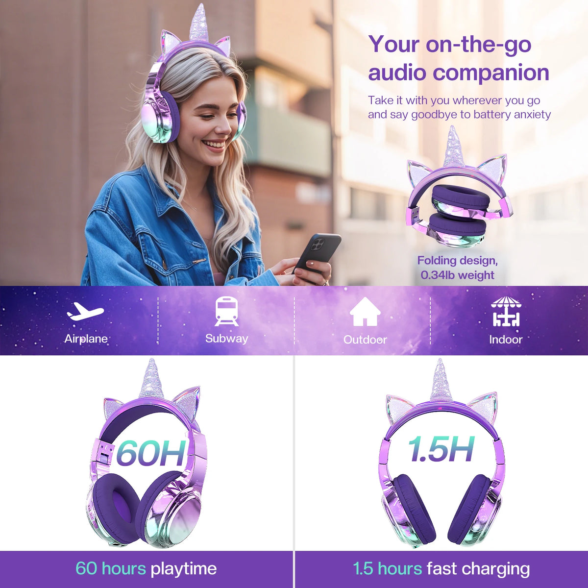 Cuffie wireless Unicorno per bambini Ragazze Auricolari Bluetooth Cuffie pieghevoli con orecchie di gatto per viaggi scolastici Cuffie per bambini