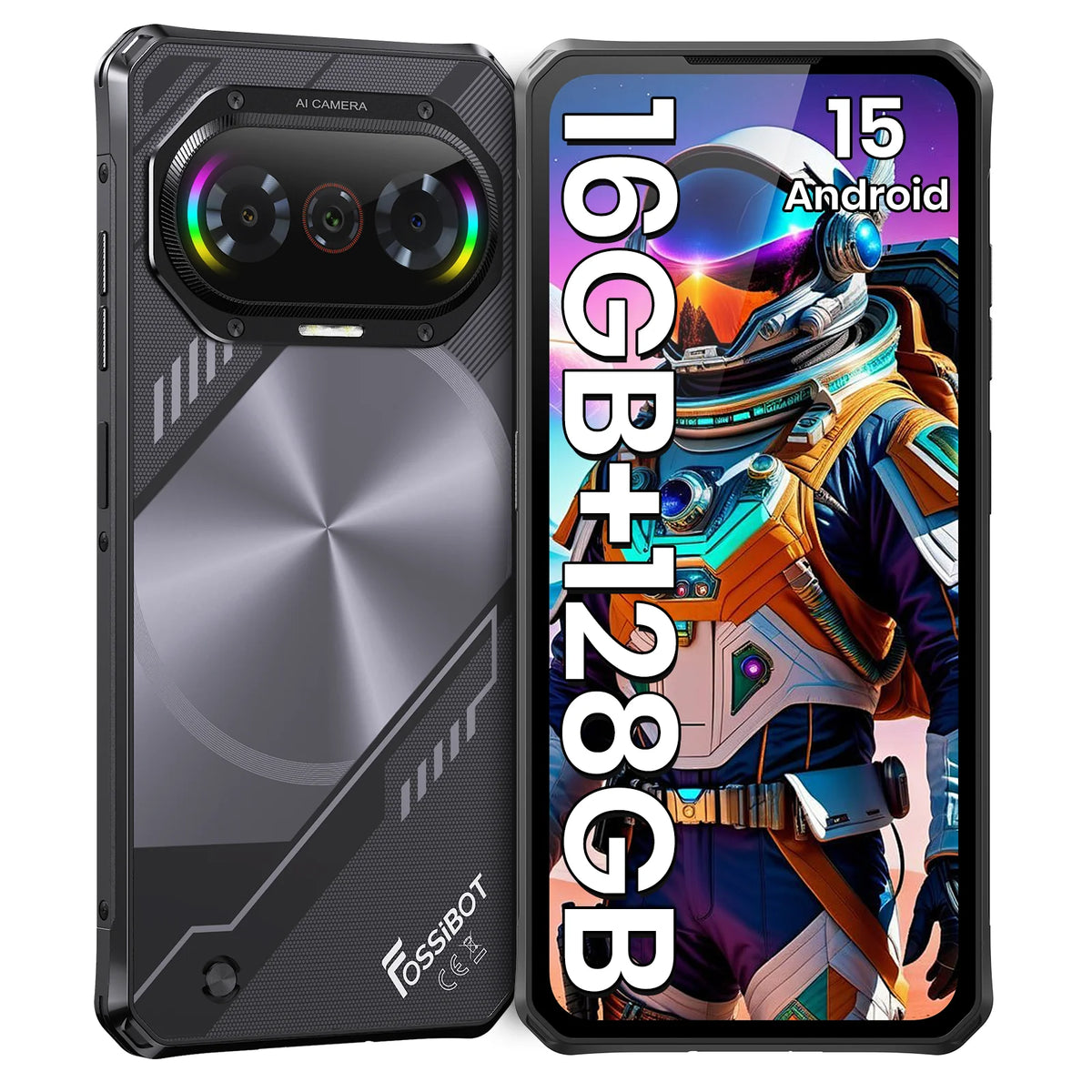 Fossibot F114, smartphone robusto e ultra sottile, Android 15, 16 GB di RAM (4+12 GB espandibili), 128 GB di ROM, display HD+ da 6,67", batteria da 5000 mAh con ricarica da 18 W, fotocamera 500 MP + 8 MP + 2 MP.