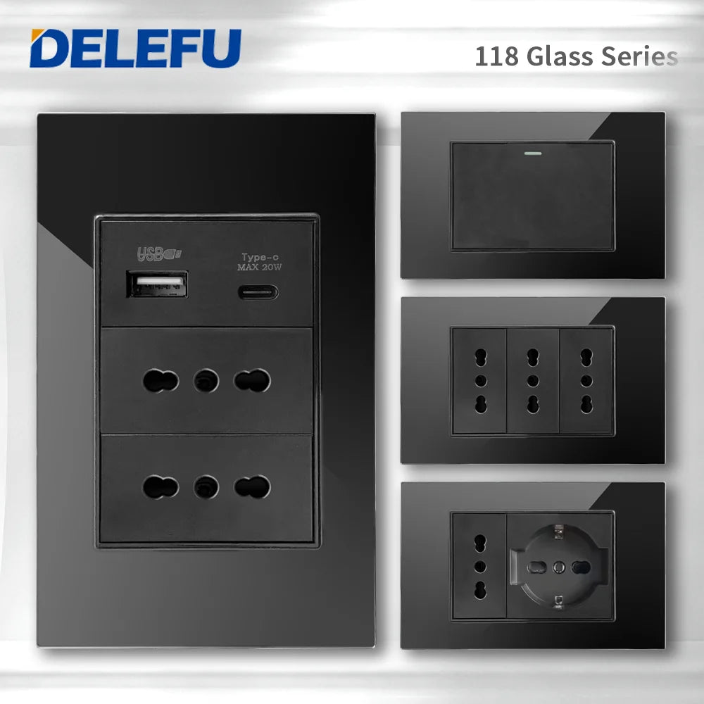 DELEFU Presa a Muro in Vetro Temperato Nero con USB Type-C per Ricarica Rapida, Interruttore Schuko, TV Sat, Telefono, Campanello, Italia/Cile
