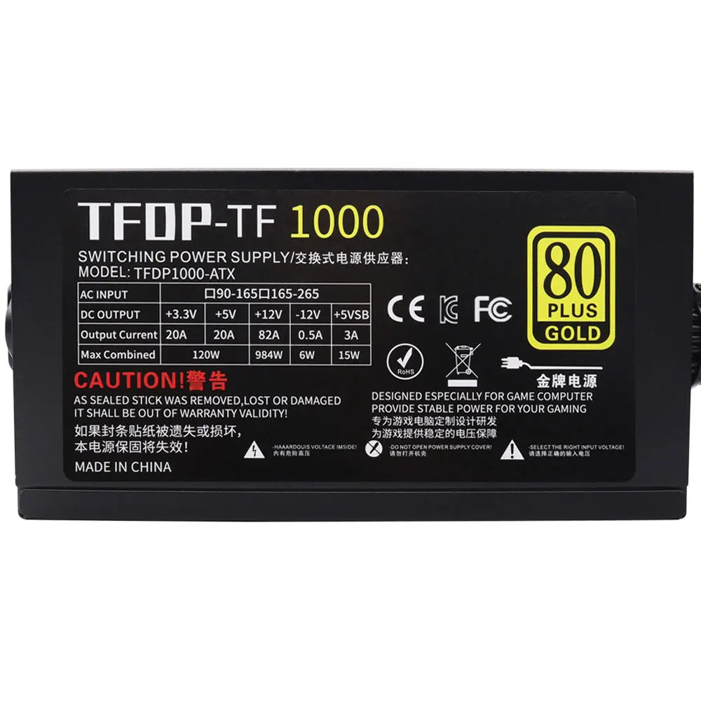 Alimentatore Gaming ATX 1000W 80 PLUS Gold, Non-Modulare, PFC Attivo 110‑230V, Ventola Ultra-Silenziosa da 130mm