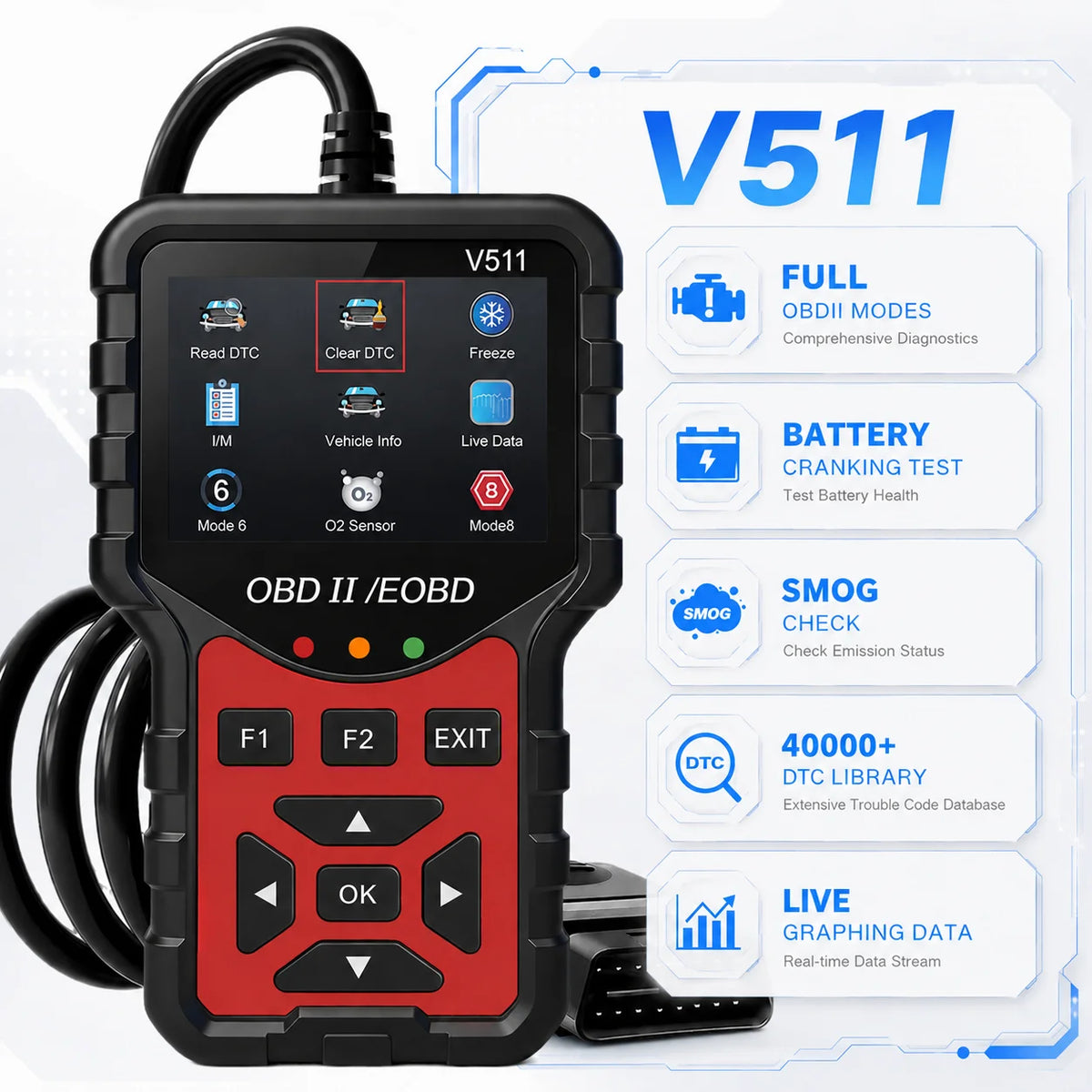 Strumento Diagnostico OBD2 V511, Dotato di Tester per Batteria, Lettore di Codici di Errore del Motore, Dati in Tempo Reale, Funzione di Consultazione DTC e Snapshot
