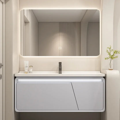 Mobile Bagno Moderno Intelligente con Lavabo Integrato in Ceramica, Armadietti in Rovere, Specchio LED e Mobiletto - Arredamento Bagno