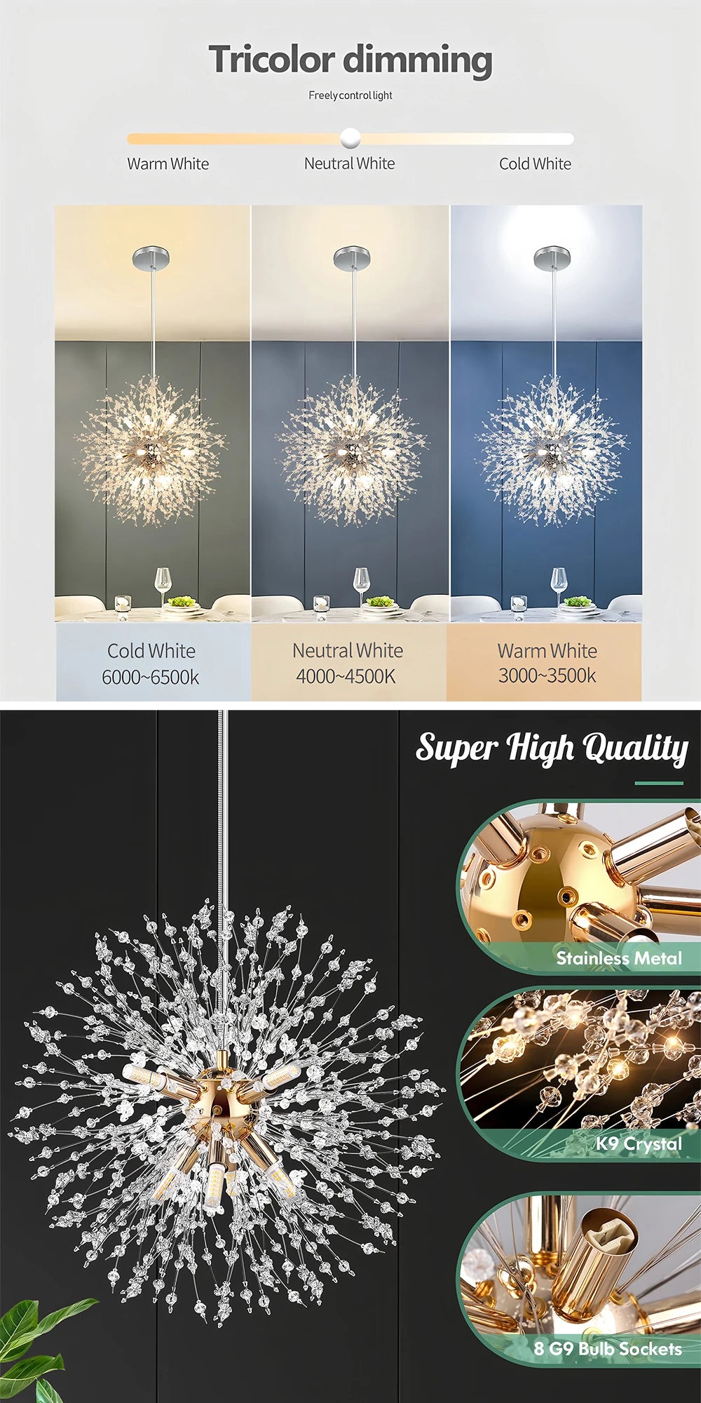 Lampadario di Lusso IRALAN a Soffitto, Lampada a Sospensione in Cristallo a Forma di Soffione, Luce a 3 Colori, Lampade a LED per Tavolo da Pranzo e Soggiorno