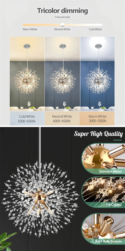 Lampadario di Lusso IRALAN a Soffitto, Lampada a Sospensione in Cristallo a Forma di Soffione, Luce a 3 Colori, Lampade a LED per Tavolo da Pranzo e Soggiorno