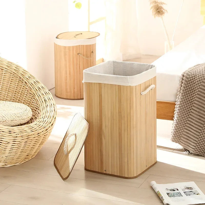 Cesto per Bucato Pieghevole di Grande Capacità, Contenitore in Bambù Rotondo per Organizzare Vestiti, Cesto Compatto per la Casa