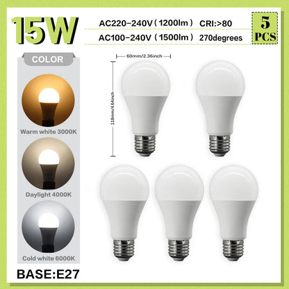 Set di 5 Lampadine LED E27 da 20W, 18W, 15W, 12W, 10W, 9W, 8W, AC220V, Potenza Reale, A60 A80, per Soggiorno e Casa