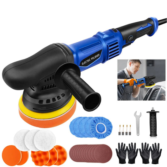 Lucidatrice per auto a doppia azione, macchina per lucidatura orbitale, levigatrice DA e tampone per ceratura da 6", 6 velocità, con 13 tamponi per lucidatura da 5 pollici e 12 fogli di carta abrasiva.