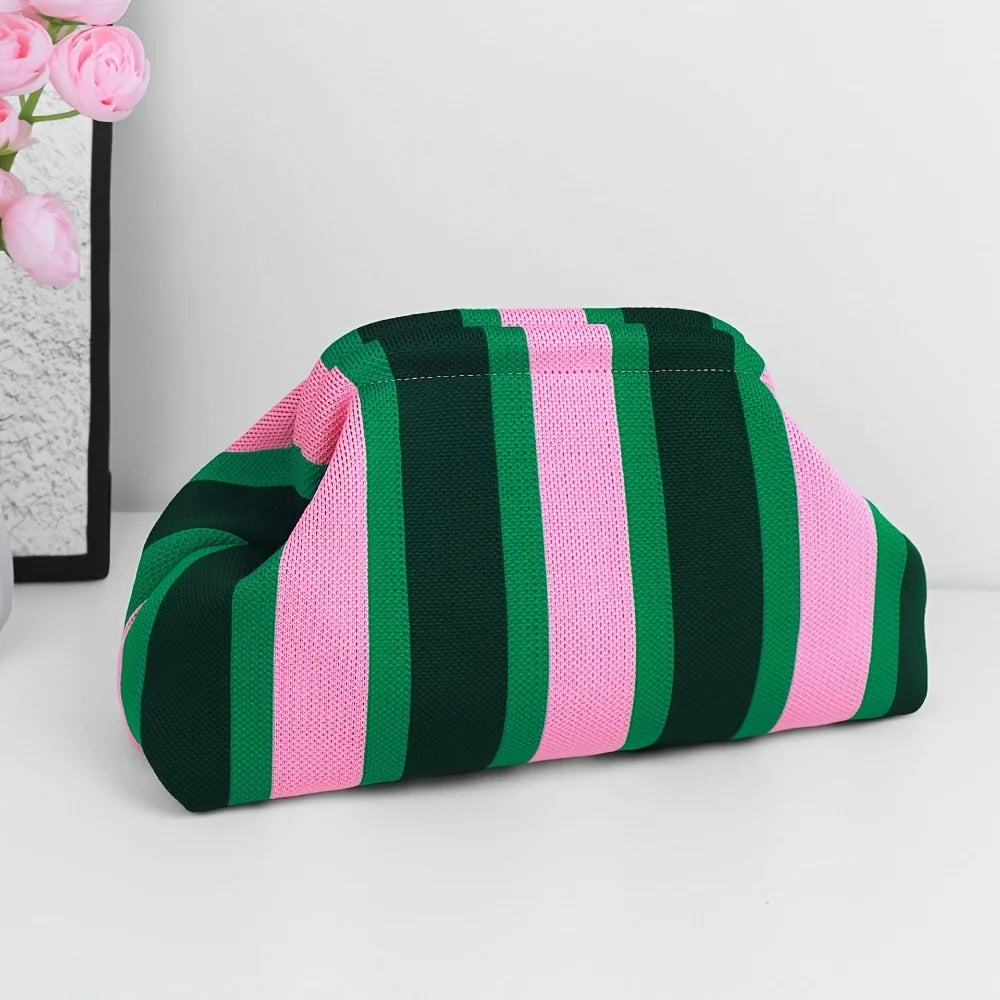 Nuova borsa intrecciata traforata a righe, borsa a mano in maglia, versatile borsa portatile per cosmetici