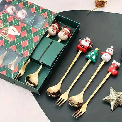 Set cucchiaio e forchetta natalizio in acciaio inossidabile caffè tè utensili da dessert confezione regalo design albero di Babbo Natale facile da pulire     6/4/2/1PZ