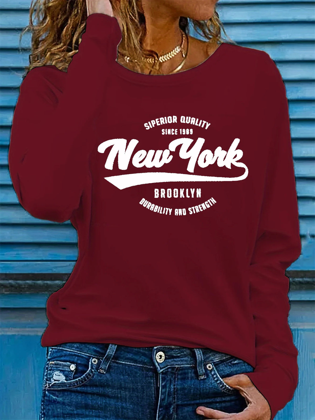 T-shirt da donna in 100% puro cotone, ideale per la primavera e l'autunno, dal taglio ampio e confortevole, con stampa a lettere "NEW YORK", maniche lunghe e scollo rotondo.