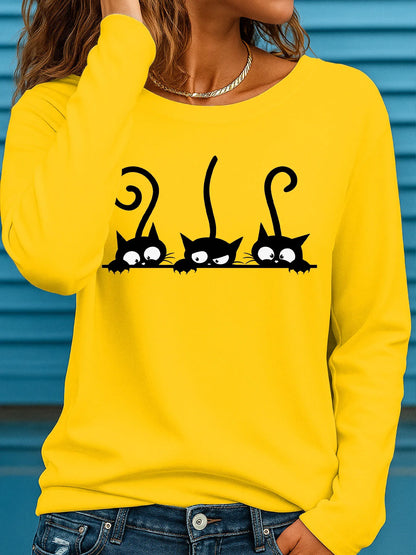 T-shirt da donna in 100% puro cotone, ideale per la primavera e l'autunno, comoda, casual, alla moda, con maniche lunghe, stampa grafica a tema felino e scollo rotondo.