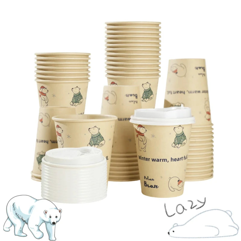 Bicchieri di carta usa e getta con motivo orso polare, polpa di bambù, panda, gatto, bicchieri di carta, stampa animalier, tazze da caffè con coperchio per uso domestico