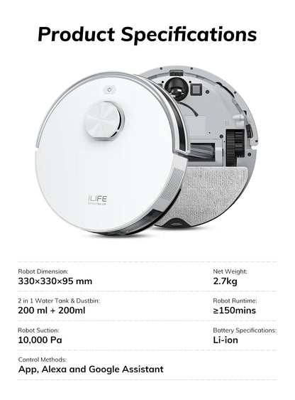 Robot Aspirapolvere ILIFE V30, Navigazione Laser, Aspirazione 10000Pa, Fino a 150 Minuti di Autonomia, Controllo APP, Pulizia Personalizzabile