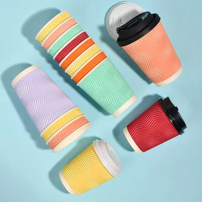 20 set di bicchieri di carta usa e getta colorati, onde di carta ondulata, antiscottatura, tazze da tè al latte, tazze da caffè confezionate da asporto con coperchio