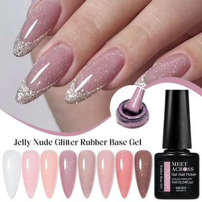 MEET ACROSS 7ml Gelatina Nuda Shimmer Base in gomma Gel Glitter Rosa Viola UV/LED Nail Art Vernis Gel Smalto per manicure Unghie FAI DA TE