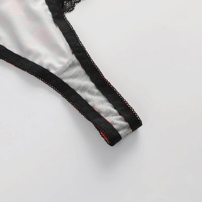 Completo intimo da donna con stampa a quadri, composto da reggiseno push-up con ferretto e perizoma, in pizzo nero con applicazioni, ideale per Natale, modello L1018.