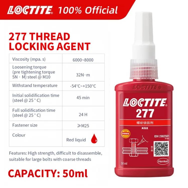 100% originale Loctite 277 Frenafiletti Vite Colla Rossa Ad Alta resistenza Ad Alta viscosità Colla anaerobica Fissatore per viti 50ml/250ml
