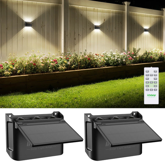 intelamp, confezione da 2 lampade solari da parete per esterni, con sensore che si attiva al crepuscolo e si spegne all’alba, ideali per recinzioni, terrazze e patii, con 3 modalità di colore e telecomando per il controllo