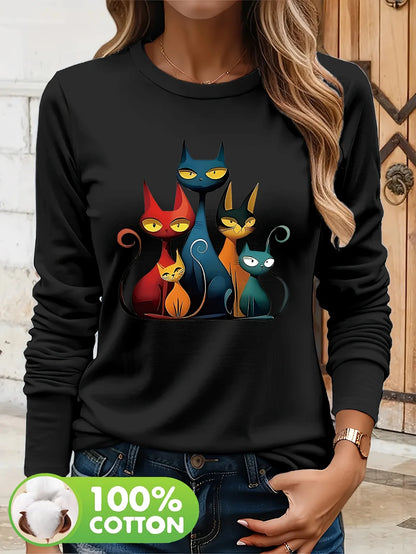 T-shirt da donna in 100% puro cotone, a maniche lunghe, con scollo rotondo, stile casual, con stampa grafica floreale, vestibilità ampia, ideale per la primavera e l'autunno.