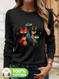 T-shirt da donna in 100% puro cotone, a maniche lunghe, con scollo rotondo, stile casual, con stampa grafica floreale, vestibilità ampia, ideale per la primavera e l'autunno.