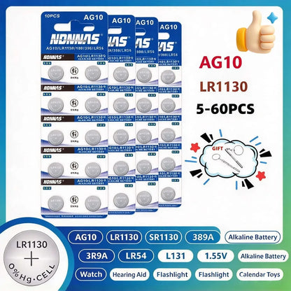 Batteria a bottone AG10 LR1130 LR 1130 SR1130 389A LR54 L1131 per batterie alcaline, orologi, apparecchi acustici, torce, calendari, giocattoli 1.55V