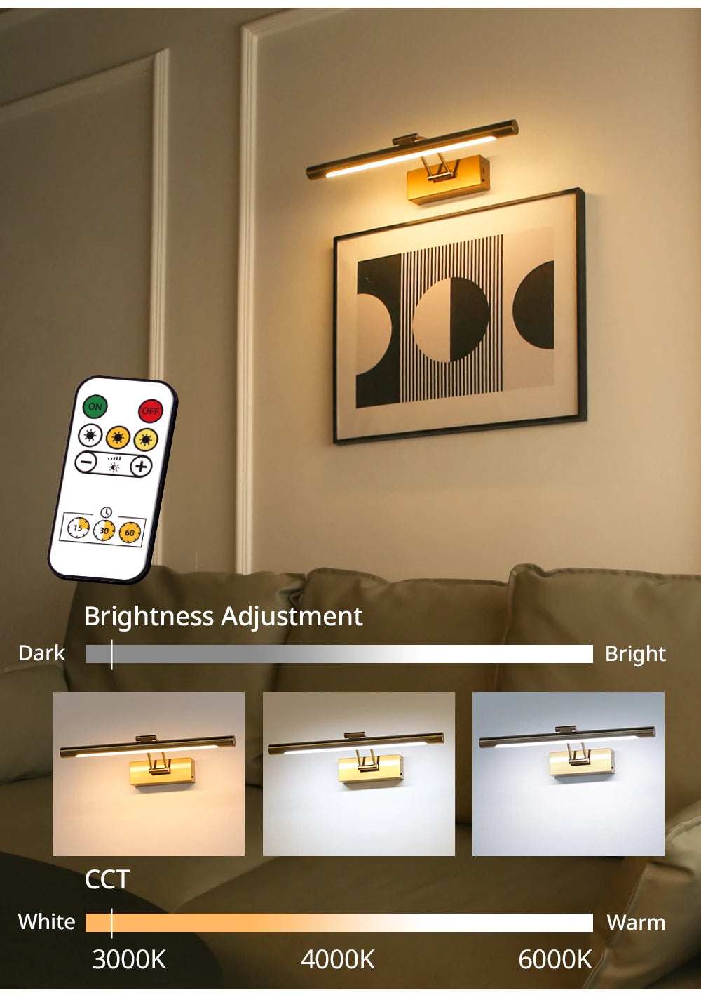 SEEDIQ Lampada da parete a LED ricaricabile in bronzo 4400mAh Batteria a lunga durata 40CM Luce per immagini wireless con telecomando per opere d'arte